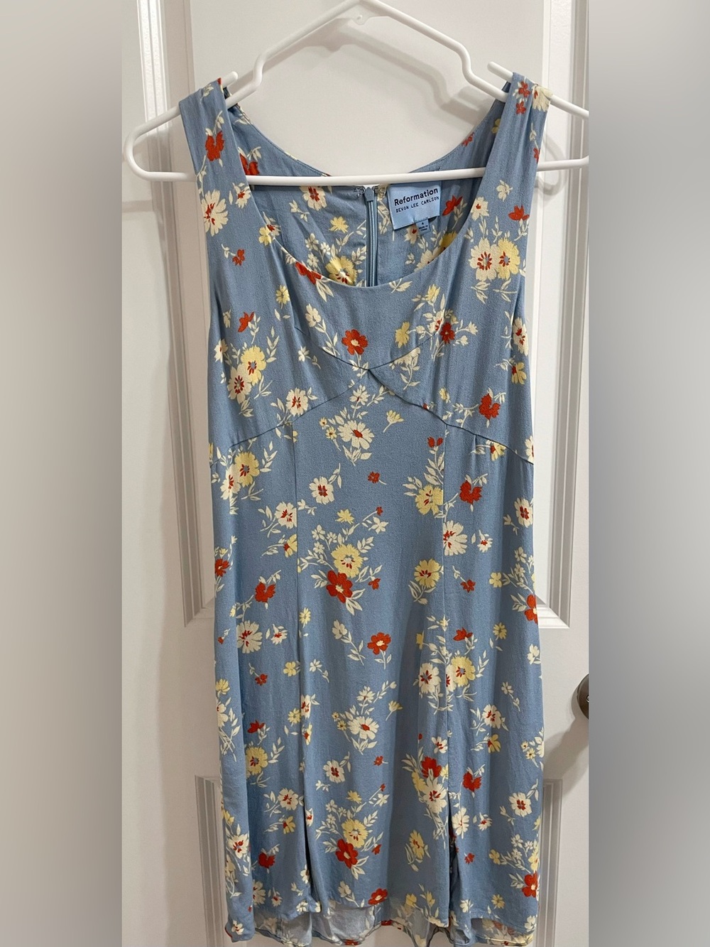 Reformation Light Blue Floral Midi Dress with Cream and Red Flowers